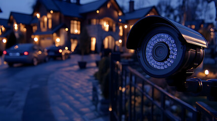 Fototapeta premium home safety. Video surveillance camera installed on the wall of a nice house. Alarm concept, security camera, home and burglary