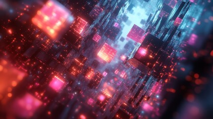 Fototapeta premium Futuristic glowing cubes in a digital matrix with neon lights