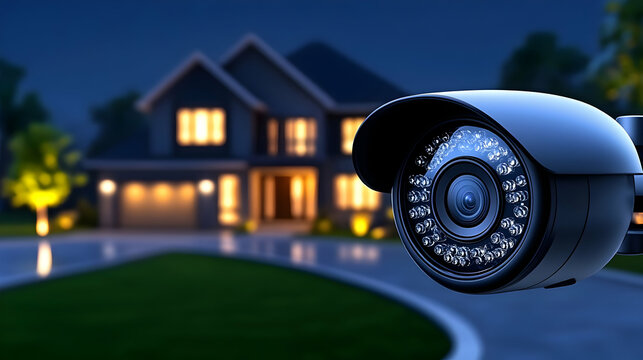 home safety. Video surveillance camera installed on the wall of a nice house. Alarm concept, security camera, home and burglary