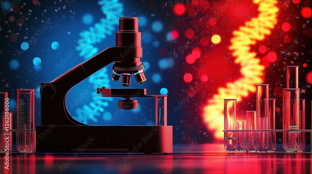 Poster microscope and test tubes in red and blue light with dna pattern