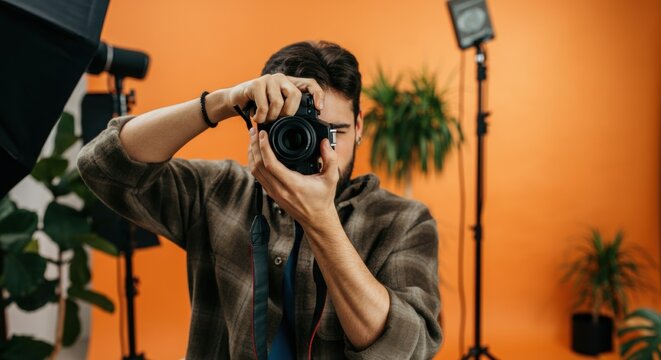 Young hispanic male photographer in studio setting with camera against orange backdrop - Powered by Adobe