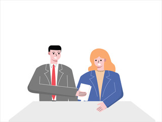 Male businessman worker showing notes to female worker. Workers' conversation, team discussion. Flat design vector illustration isolated on white background