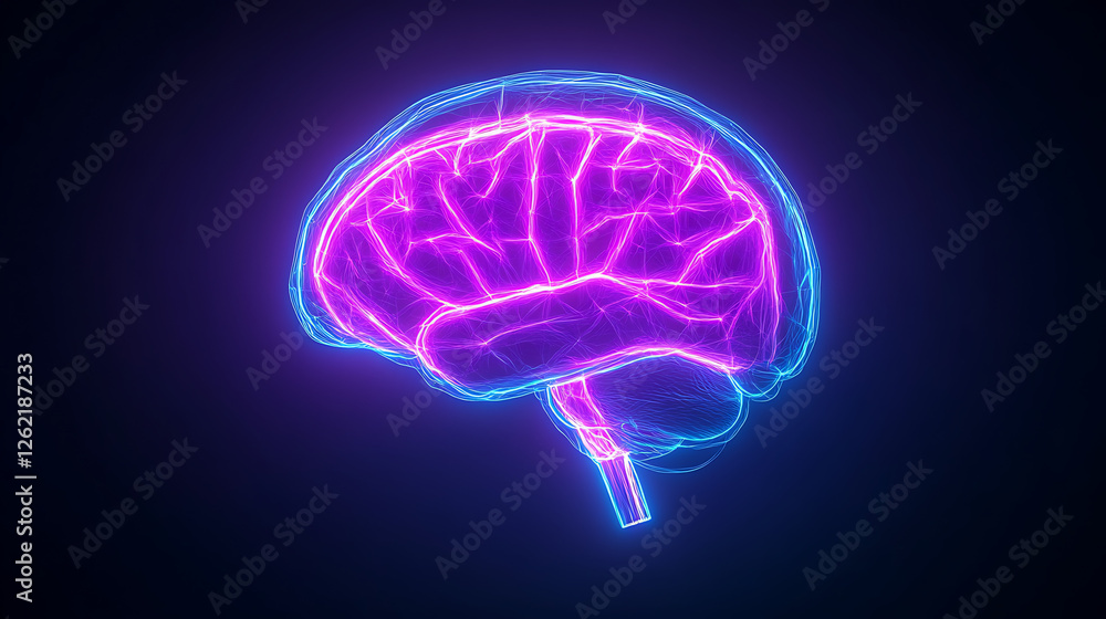 Poster vivid representation of the human brain with neon lights illustrating cognitive function and neurosc