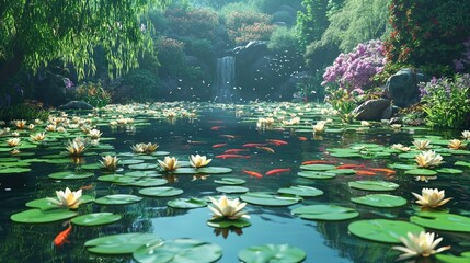 A serene pond filled with koi fish and blooming water lilies. The calm water reflects the surrounding lush greenery, creating a peaceful garden scene. Generative AI.