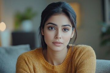 Indian woman calming upset offended guy, support and caring, sitting on sofa at home, free space. Sorry after quarrel, relationship problems, bad news, Generative AI