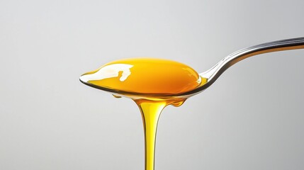 Golden honey dripping from a silver spoon against a neutral background, highlighting its thick texture and glossy shine. Natural sweetener and organic food concept
