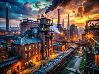 Obraz premium Grimy Industrial Factory Complex at Dusk - Stock Photo
