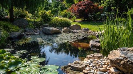 Obraz premium A traditional Japanese garden with a tranquil pond surrounded by lush greenery and carefully placed rocks. The still water reflects the beauty of the landscape. Generative AI.