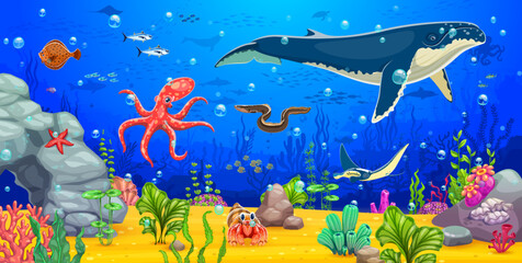 Cartoon underwater landscape with humpback whale and sea animals, game background. Vector marine scene with giant whale and manta ray, octopus, eel and fish swimming among vibrant coral reefs in ocean
