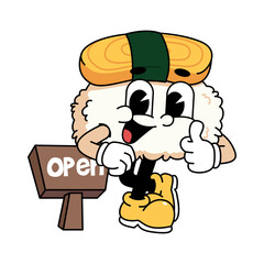 Retro sushi mascot logo, tamago sushi Lean on a wooden sign