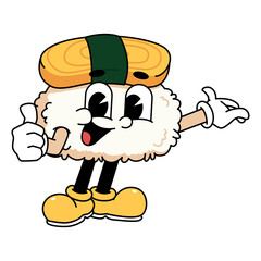 Retro sushi mascot logo, tamago sushi thumbs up pose
