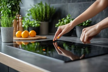 Woman using modern induction hob in the kitchen, setting heating power of the burner, touching screen and choosing option, Generative AI