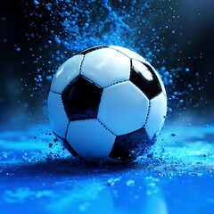 Naklejka premium Soccer ball splashing in blue liquid against a vibrant background