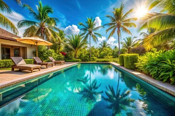 Fototapeta premium Luxurious Tropical Villa with Crystal Clear Rectangular Pool & Palm Trees - Relaxing Vacation Getaway