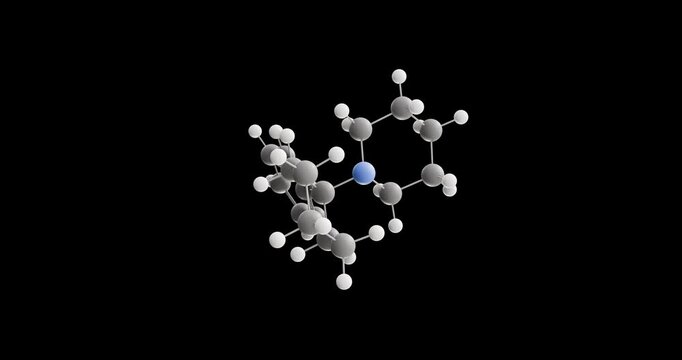 Phencyclidine molecule, rotating 3D model of dissociative anesthetic, looped video on a black background