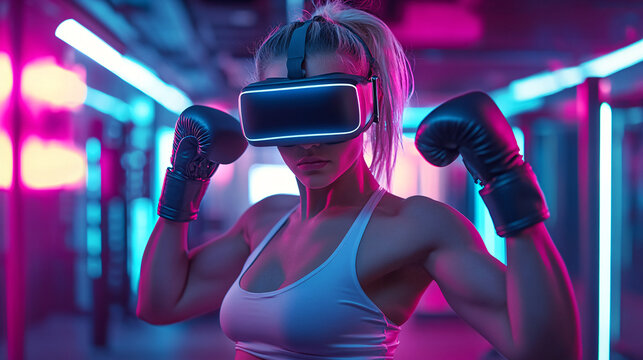 Woman Engaged in Virtual Reality Boxing at Neon-Lit Arena