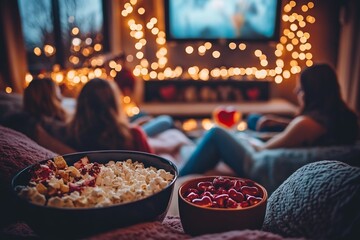 Cozy movie night with popcorn and cherries in warmly lit living room
