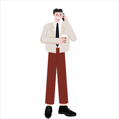 Busy business man calling someone with a cup of coffee in his hand. Business communication, orders from the boss, and corporate workers. Flat design vector illustration isolated on white background