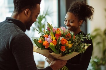African young adults exchanging bouquet of colorful flowers in warm indoor setting