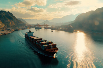 Fototapeta premium A large container ship sails through a picturesque harbor surrounded by majestic mountains at sunset