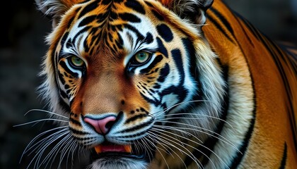 Fototapeta premium Close up of tiger face with orange fur, black stripes, and piercing green eyes