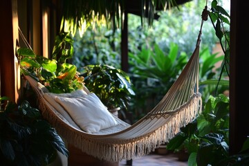 Cozy hammock surrounded by lush greenery on sunlit porch