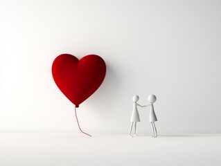 Minimalist image of a red heart balloon tied to a white figure against a stark white background, evoking themes of love, simplicity, and emotional resonance in design