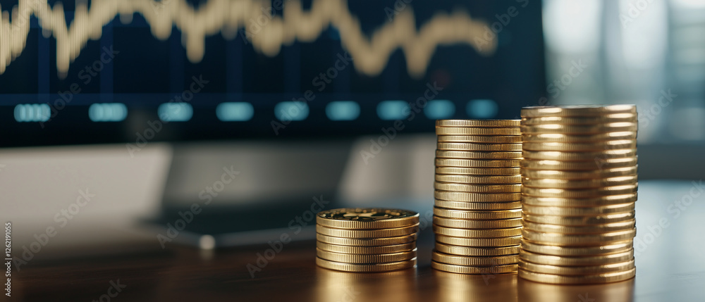 Aufkleber stacks of gold coins in front of financial graph display