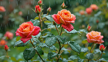 Pink roses with a peach shade in full bloom of the garden