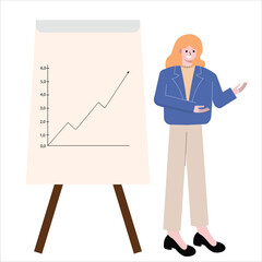 woman shows statistics data that is rising with arrow pointing up. Profit is increasing and sales analysis. Successful sales business concept. Flat design vector illustration isolated on white backgro