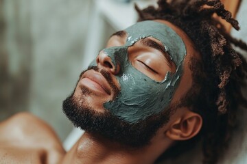 African male adult relaxing with facial mask for skincare and wellness