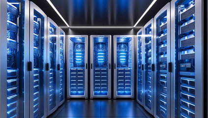  High-Tech Server Racks with Glowing Components & Advanced Cooling Systems, data center, with cool blue lights, created with generative ai
