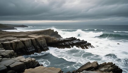 Rocky shores with intense waves, set against a dramatic, cloudy sky