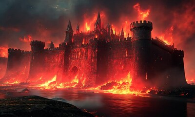 Fiery medieval castle surrounded by molten lava with dark stormy skies, evoking a sense of danger - Powered by Adobe