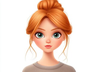 Fototapeta premium Charming red haired animated girl with a high bun hairstyle and wide expressive eyes, representing youthful beauty, curiosity, and character in a vibrant digital portrait