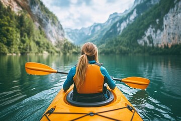 Young caucasian adult female kayaking on serene mountain lake