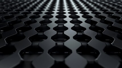 Fototapeta premium Close-up view of a textured black metal surface, showcasing an intricate pattern of hexagonal shapes designed for industrial applications.