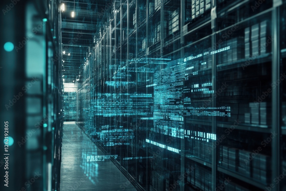 Poster data processing visualization over a modern warehouse environment with digital elements, data proces
