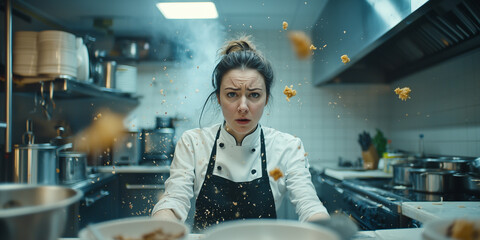 female chef in busy kitchen with food flying around