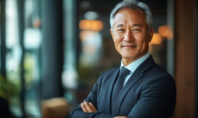 Senior Mature Asian businessman in formal wear portrait of confident businessman in office professional business attire, emphasizing confidence and, Generative AI