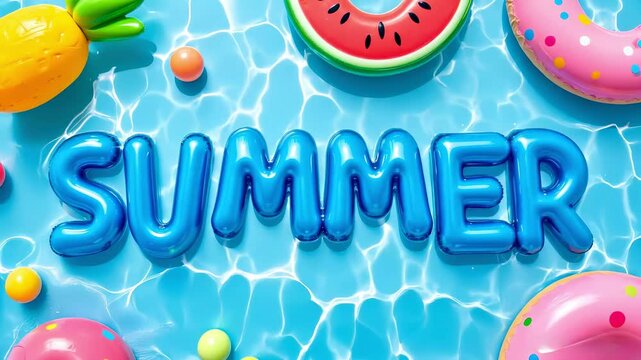 Summer Pool Party 4K Video. Inflatable Text, Watermelon, Pineapple, and Pool Floats on Blue Water. Vacation, Travel, & Holiday Animation for Social Media and Advertising.