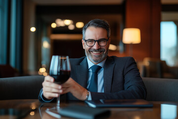 business professional in stylish hotel room smiling with glass of wine