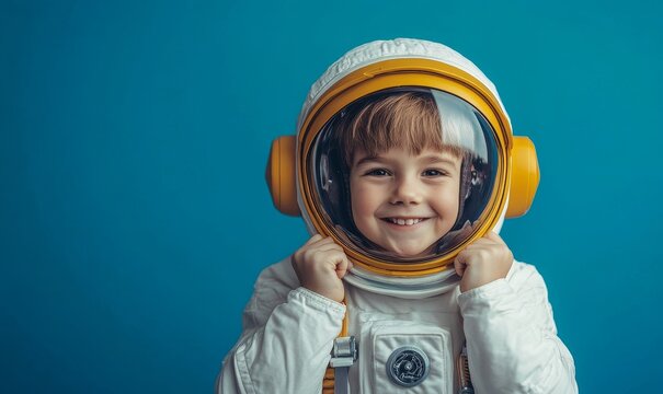 Little boy wearing an astronaut helmet dreams of becoming a rocket pilot spaceman in astronaut costume, Generative AI