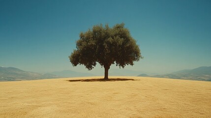 Lone tree, sunlit field, mountains, summer day