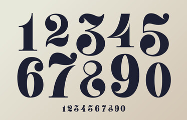 Vintage decorative numbers font from 0 to 9. Vector black numerals with elegant and intricate style, features curve ornate details. Victorian, classic, vintage digits, royal typographic numbers set