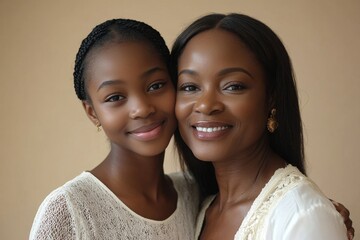 Portrait of cute black girl and her mother hugging and smiling at camera, beige background, healthy united family, mother daughter bonding concept, Generative AI