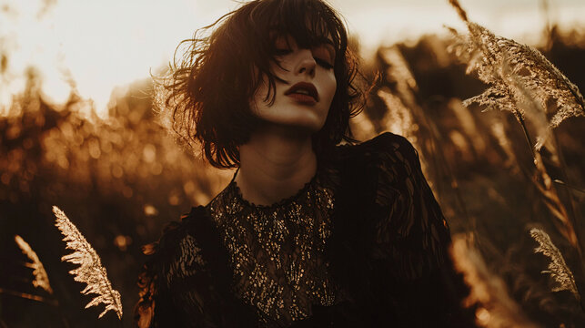 Golden hour portrait of a woman with closed eyes in a field of tall grass.