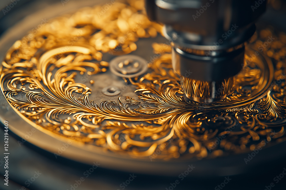 Poster robotic arm intricately engraves patterns on golden surface