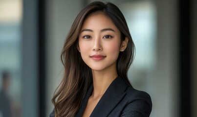 Fototapeta premium Young Asian businesswoman in formal wear portrait of confident business woman in office professional business attire, emphasizing confidence and, Generative AI