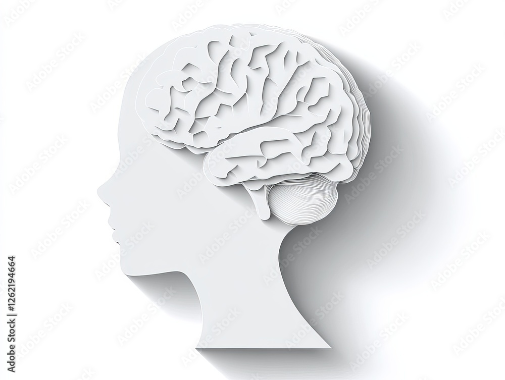 Poster abstract white 3d brain design with intricate neural textures and shadow effects, highlighting cogni